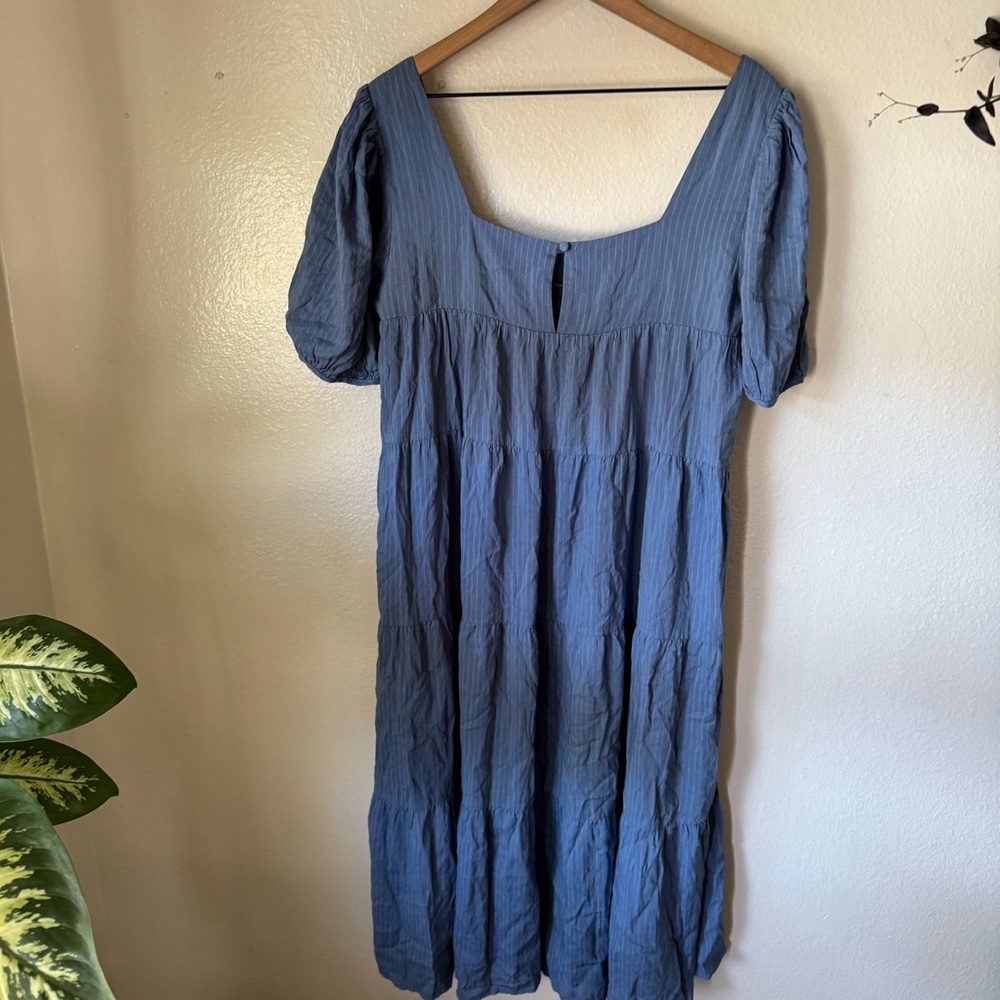 Lulus | Happy Tiers Denim Blue Striped Puff Sleeve Midi Dress - Picture 6 of 7